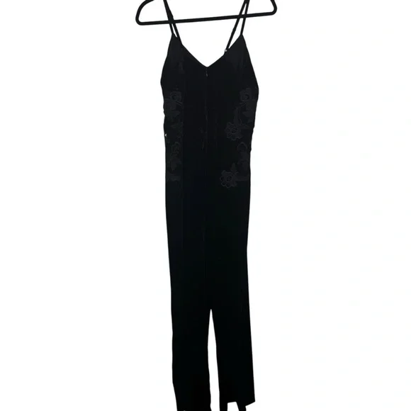 Sandro FR 40 US 8 Black Emilia Floral Embroidered Wide Leg Velvet Jumpsuit Flaw